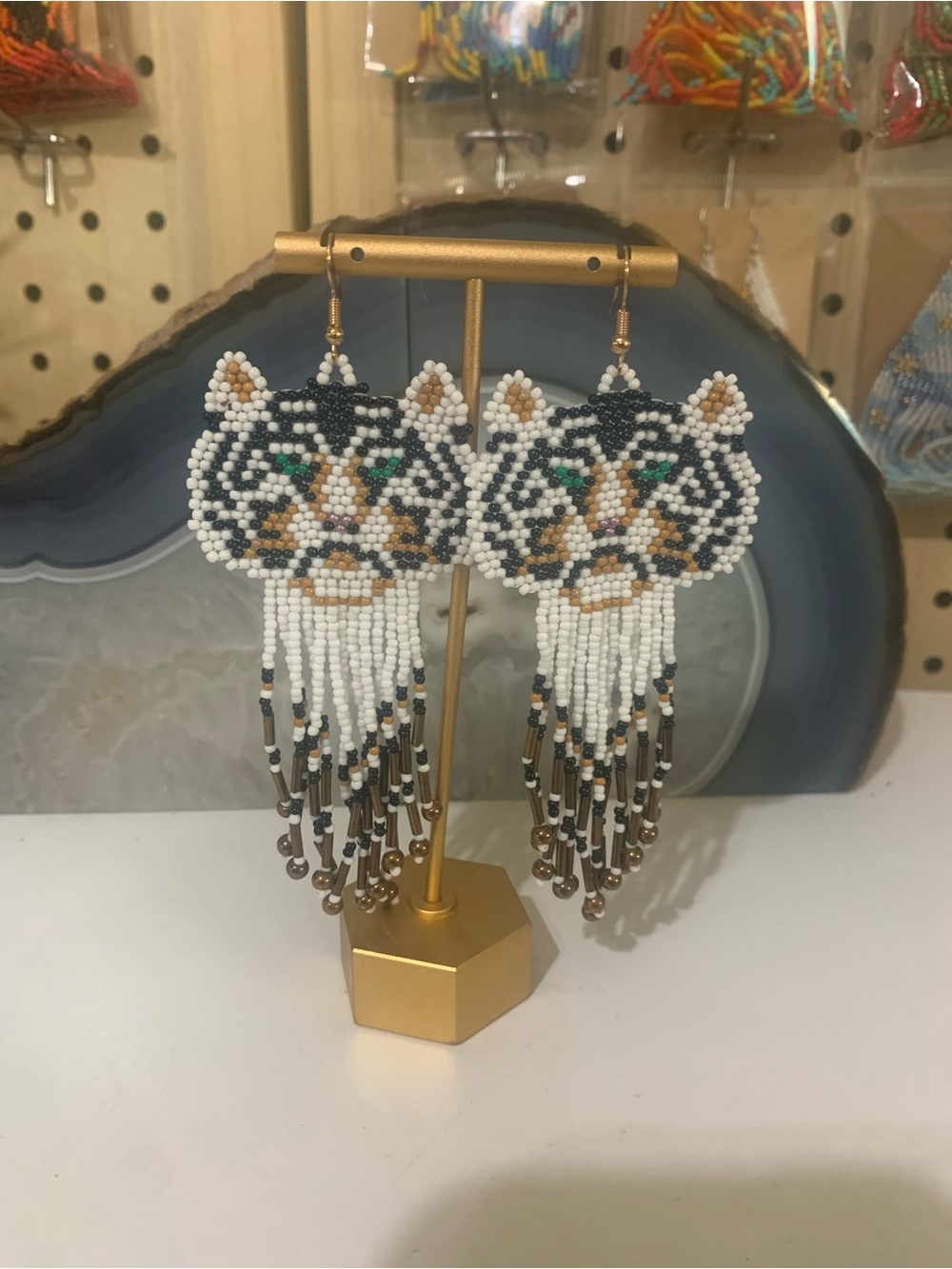Handmade Beaded Cat Face Fringe Earrings - White, Black & Gold